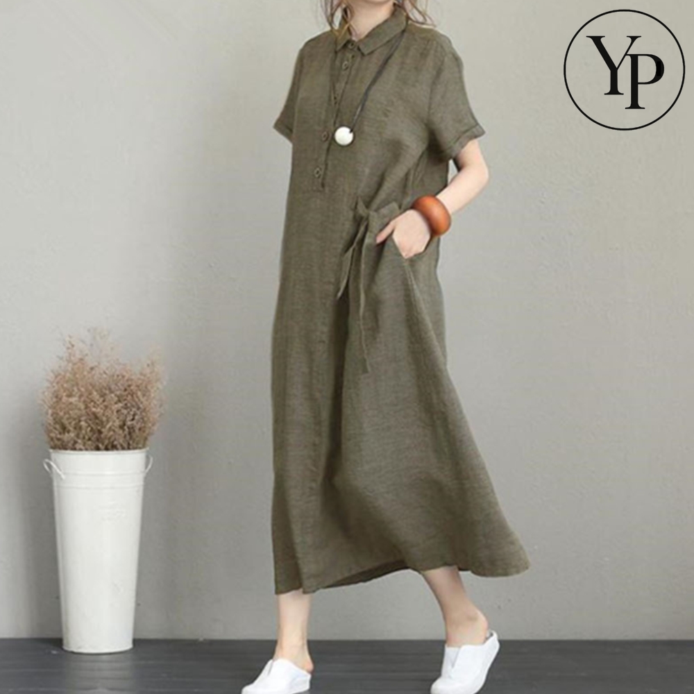 린넨 퍼프 카라 롱 원피스 빅사이즈 여름 휴양지 데이트 등원룩 편안한 루즈핏 드레스