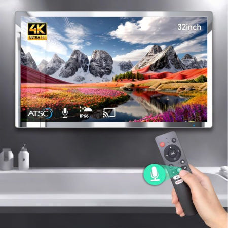 Leotachi [해외]4K 울트라 HD 32인치 하이엔드 스마트 욕실 거울 TV IP66 방수 안드로이드 TV는 음성 리모컨 구글 어시스턴트, 내장 ATSC 튜너, HDMI(ARC), SPDIF