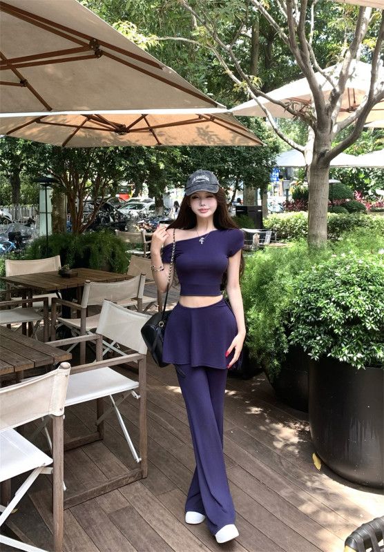 여성 오프숄더 반팔 크롭티 롱 와이드 팬츠 미니 스커트 밴딩 쓰리피스 세트 홈웨어 트레이닝복 데일리룩 편안한 캐주얼 봄 여름 - 상세 이미지 3