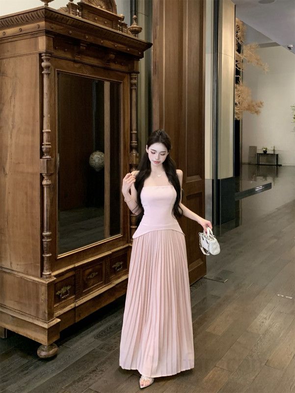 여성 끈 오프숄더 플리츠 롱원피스 언발란스 투웨이 쉬폰 봄 여름 하객룩 데이트룩 순수 트렌디 페미닌 고급스러운 - 상세 이미지 4