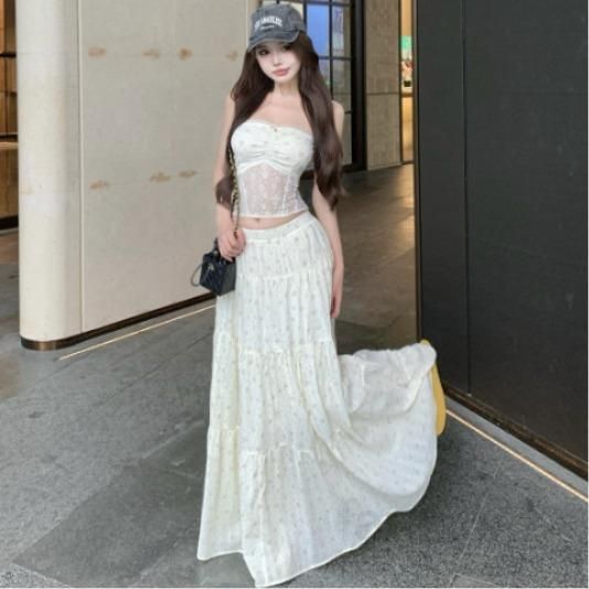 여성 쉬폰 레이스 튜브탑 투피스 롱 스커트 세트 플라워 패턴 시스루 여리핏 비치웨어 봄 여름 - 상품 이미지