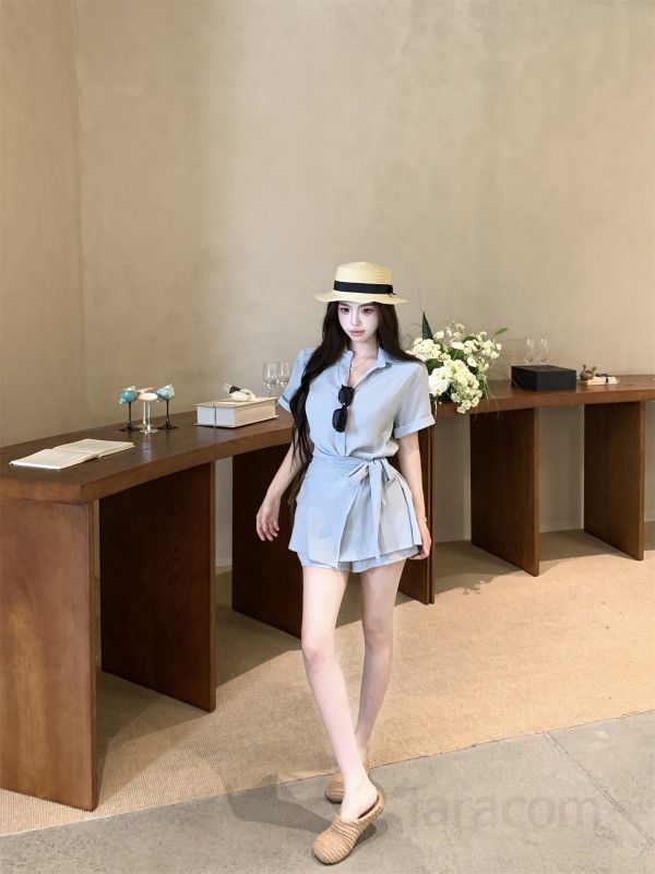 여성 린넨 반팔 카라 셔츠 벨티드 반바지 투피스 세트 여름 데일리룩 휴양지 바캉스 내추럴 루즈핏 캐주얼 썸머 코디룩 봄 여름 - 상세 이미지 3