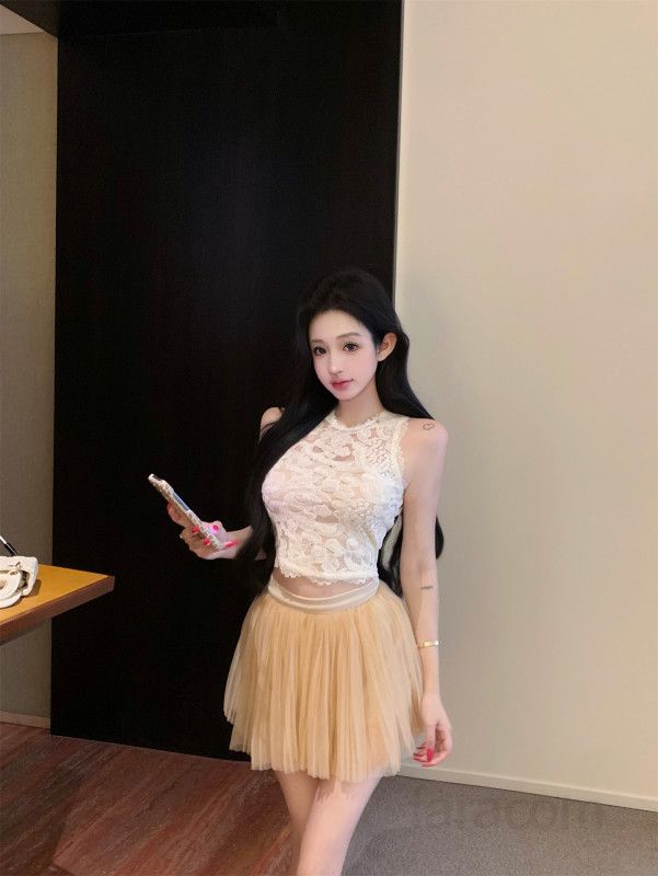 여성 라운드넥 레이스 민소매 크롭 메쉬 캉캉 스커트팬츠 투피스 코디세트 봄 여름 - 상세 이미지 2