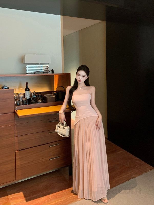 여성 끈 오프숄더 플리츠 롱원피스 언발란스 투웨이 쉬폰 봄 여름 하객룩 데이트룩 순수 트렌디 페미닌 고급스러운 - 상세 이미지 2