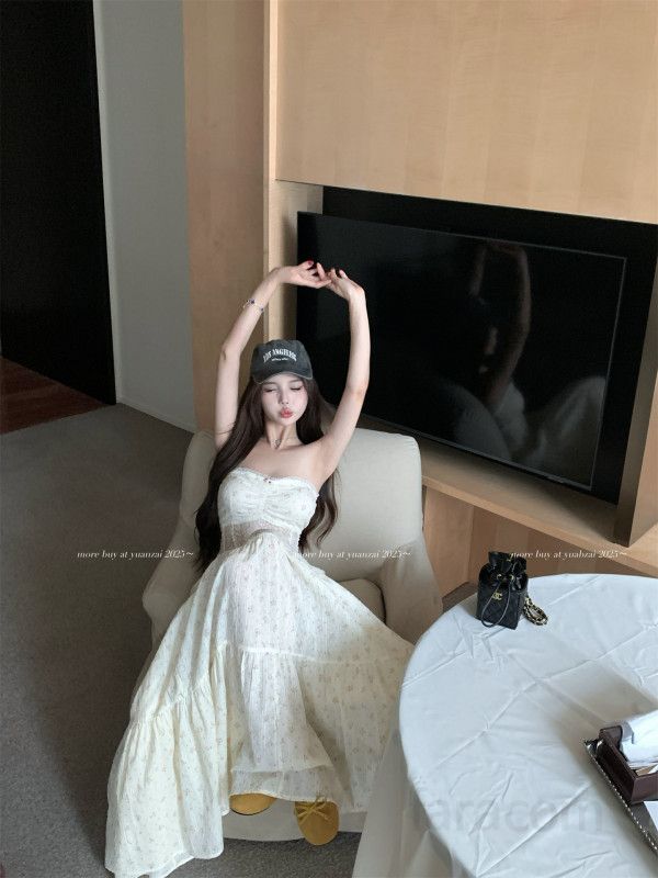 여성 쉬폰 레이스 튜브탑 투피스 롱 스커트 세트 플라워 패턴 시스루 여리핏 비치웨어 봄 여름 - 상세 이미지 3