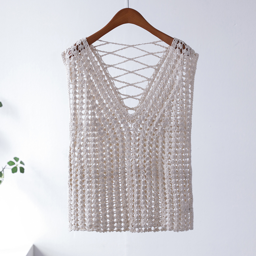 베킨 빈티지 크로셰 브이넥 백스트랩 뜨개 니트 조끼 - 상세 이미지 3