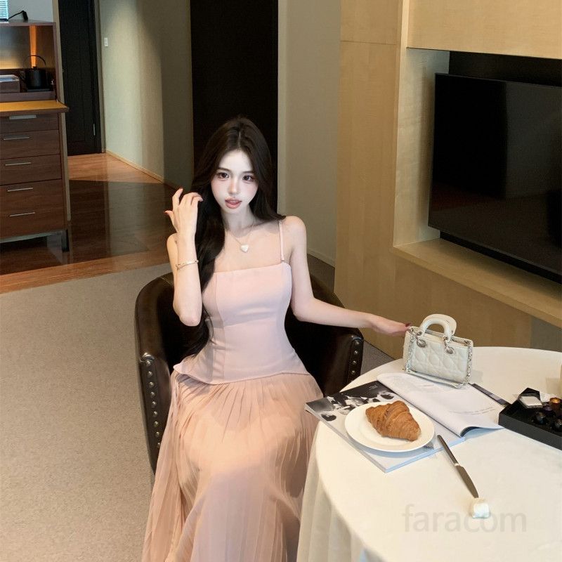 여성 끈 오프숄더 플리츠 롱원피스 언발란스 투웨이 쉬폰 봄 여름 하객룩 데이트룩 순수 트렌디 페미닌 고급스러운 - 상세 이미지 5