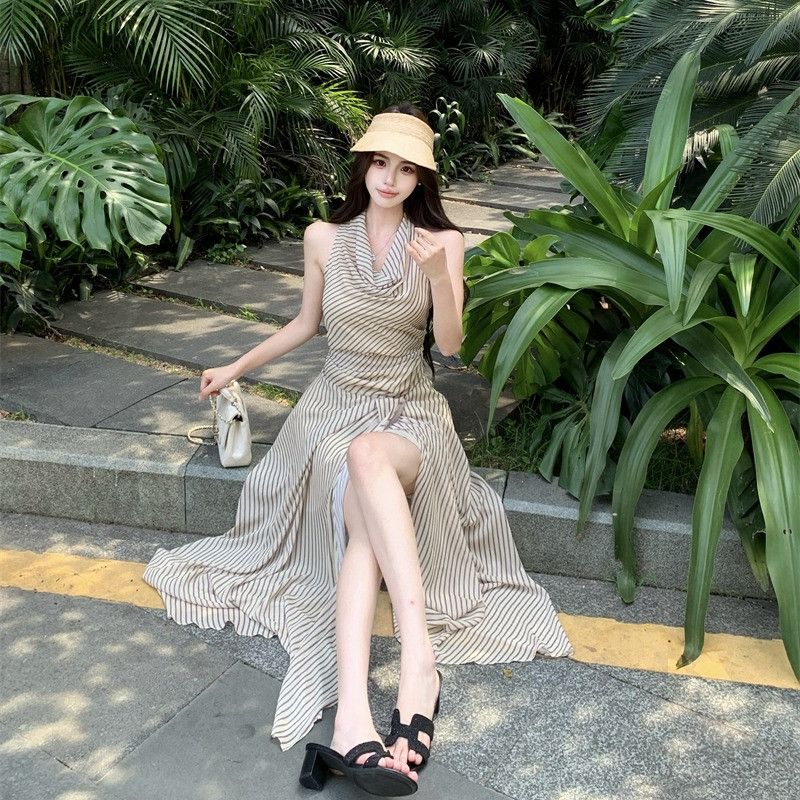 여성 홀터넥 카울넥 민소매 스트라이프 A라인 롱 원피스 이너 슬립 하이웨스트 봄 여름 오피스룩 바캉스룩 - 상세 이미지 5
