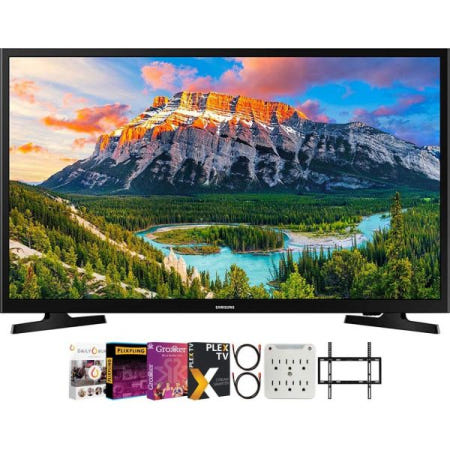 SAMSUNG [해외]삼성 UN32N5300AFXZA 32인치 1080p 스마트 LED TV, 프리미어 영화 스트리밍이 포함된 블랙 번들 + 플랫 월 마운트 키트 6-아울렛 서지 어댑터 2X 6