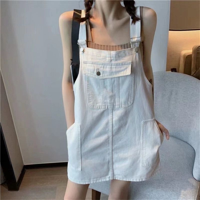 멜빵청치마 데님 여성 캐주얼청치마 트임 루즈핏 데일리 블루 - 상세 이미지 5