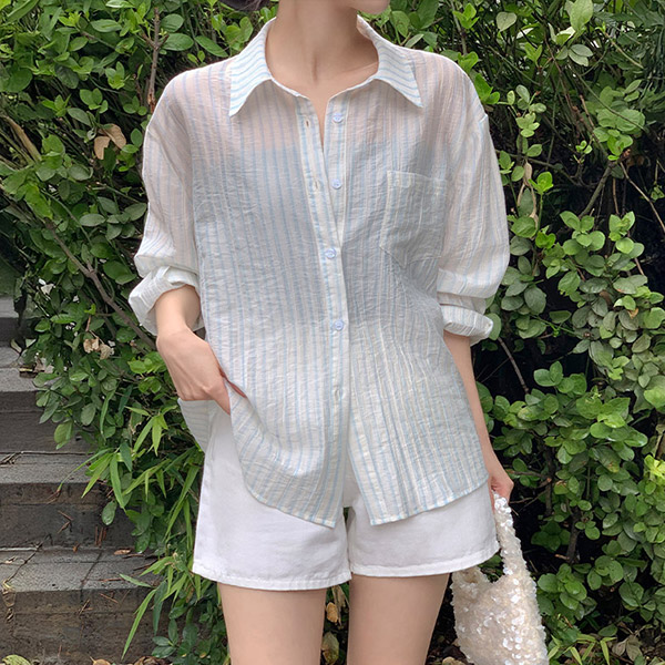 페일리 텐셀 시스루 살안타 스트라이프 셔츠 bs8351 - 메인 이미지