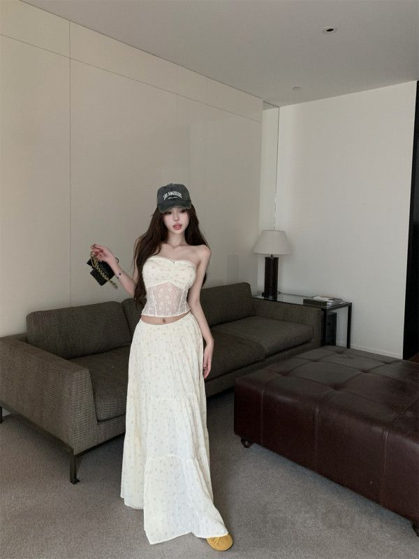 여성 쉬폰 레이스 튜브탑 투피스 롱 스커트 세트 플라워 패턴 시스루 여리핏 비치웨어 봄 여름 - 상세 이미지 4