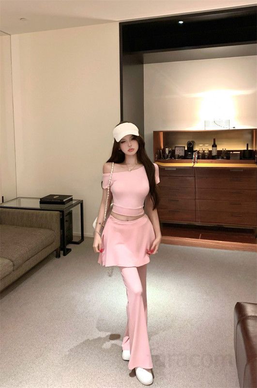 여성 오프숄더 반팔 크롭티 롱 와이드 팬츠 미니 스커트 밴딩 쓰리피스 세트 홈웨어 트레이닝복 데일리룩 편안한 캐주얼 봄 여름 - 상세 이미지 4