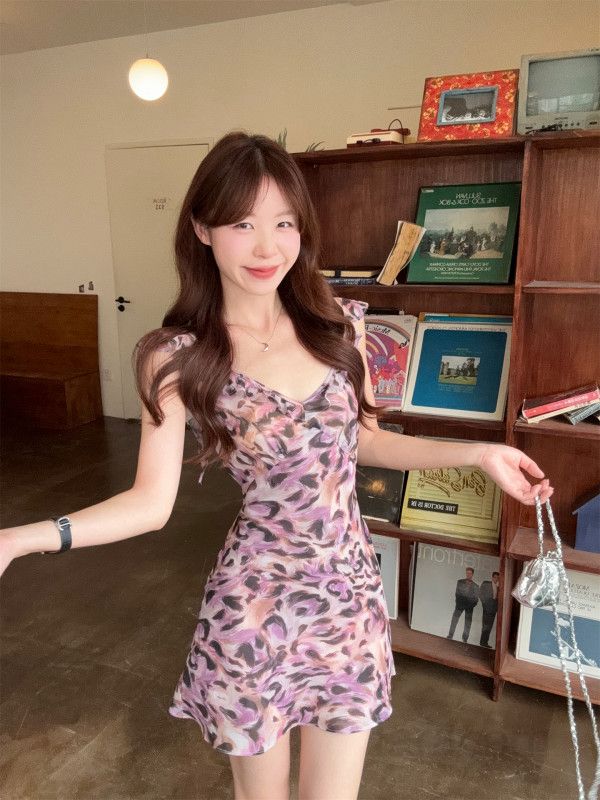 여성 브이넥 플러터소매 A라인 레오파드 미니 원피스 데이트룩 바캉스룩 봄 여름 - 상세 이미지 2