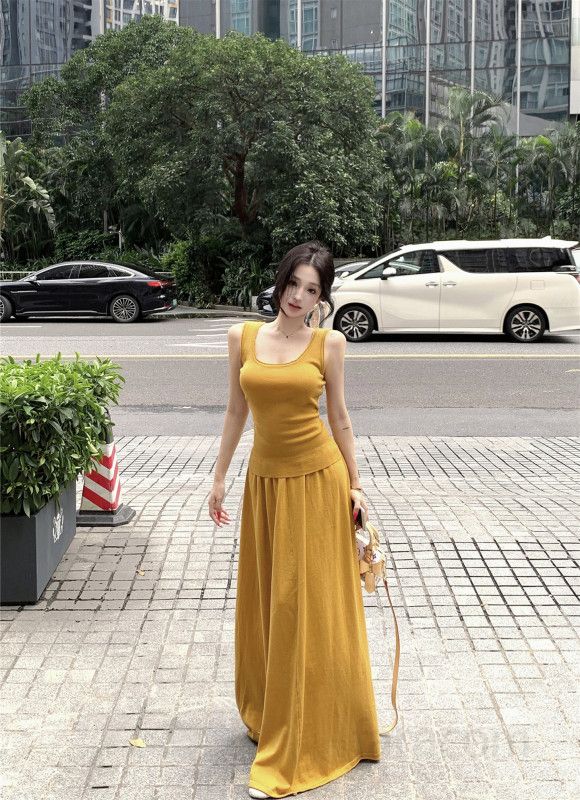 여성 텐셀 스퀘어넥 민소매 롱 스커트 투피스 데일리 바캉스 휴양지룩 봄 여름 코디 셋업 - 상세 이미지 2
