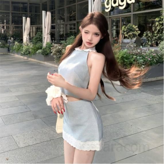 여성 백리스 홀터넥 크롭 민소매 상의 레이스 미니스커트 투피스 세트 핫걸 슬림핏 데이트룩 캐주얼 코디 봄 여름 - 상품 이미지