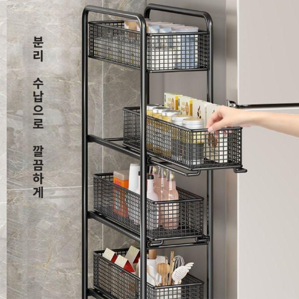 주방 틈새장 냉장고옆 슬림 선반 서랍형 슬라이딩 수납장 블랙 4단 12x40cm