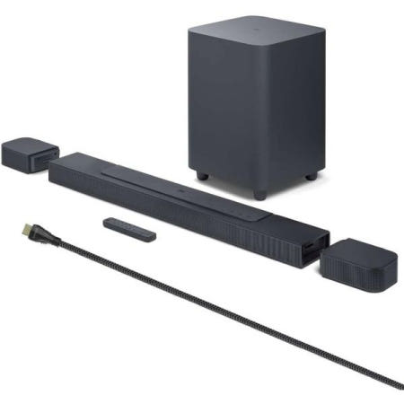 JBL [해외]JBL BAR 700 PRO 5.1 사운드바 번들, 10인치 포함. 무선 서브우퍼 탈착식 후면 스피커 및 2m 8K 초고속 HDMI 케이블