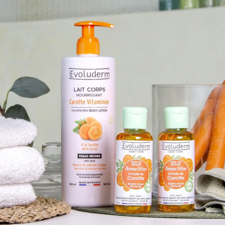 [해외]Evoluderm 에볼루덤 내추럴 래디언스 트리오 비타민 바디 로션 500ml + 당근 오일 뷰티 오일 100ml 2개