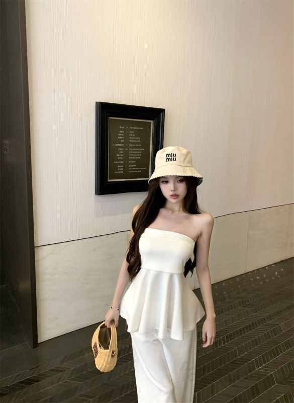 여성 튜브탑 플레어 상의 와이드 밴딩 롱팬츠 투피스 세트 여름 데일리 리조트룩 바캉스룩 편안한 캐주얼 상하의 코디 세트 - 상세 이미지 3