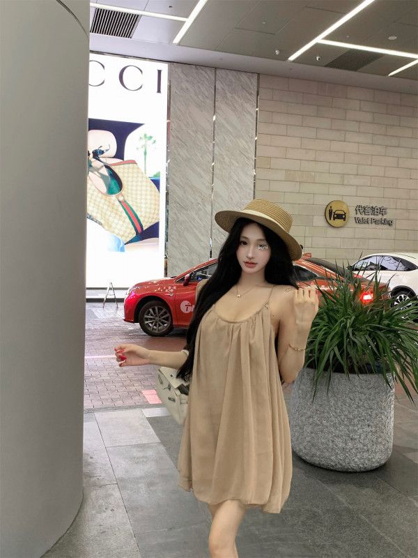 여성 카키 A라인 루즈핏 민소매 슬립 뷔스티에 원피스 주름 바캉스 휴가 비치웨어 데일리 데이트룩 봄 여름 - 상세 이미지 4