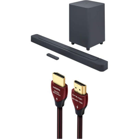 JBL [해외]멀티빔 및 돌비 애트모스와 와이어로직 루비 8피트 초고속 4K-8K-10K HDMI 케이블(UHD, HDR, VRR eARC 포함)을 갖춘 JBL BAR-500 5.1ch