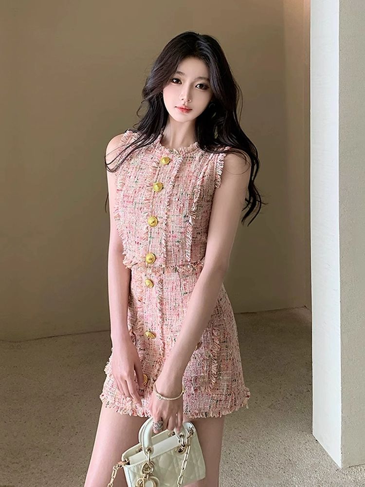 여름 트위드 민소매 크롭상의 미니스커트 투피스 결혼식하객룩 상의 핑크조끼 - 메인 이미지