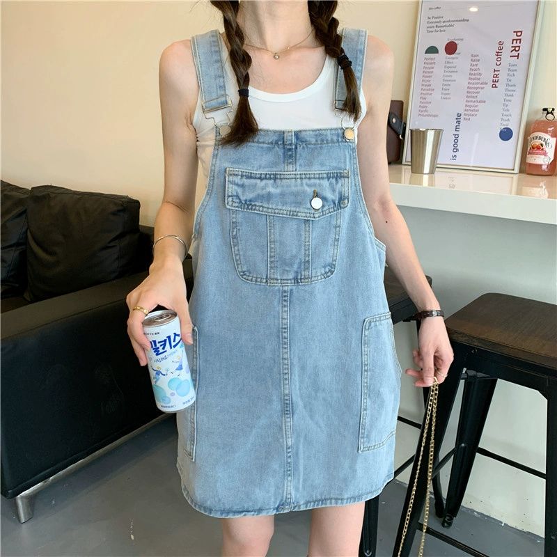 멜빵청치마 데님 여성 캐주얼청치마 트임 루즈핏 데일리 블루 - 상세 이미지 2
