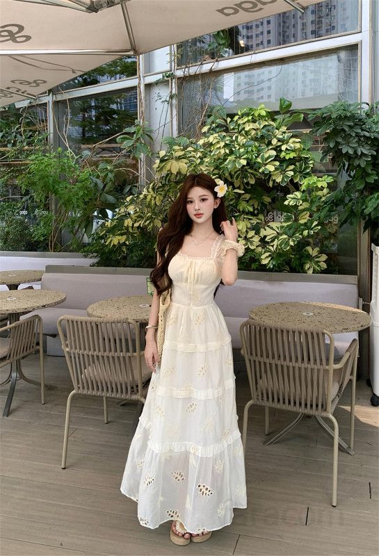여성 스퀘어넥 민소매 A라인 롱 플레어 원피스 하이웨이스트 자카드 백리스 리조트룩 봄 여름 - 상세 이미지 4