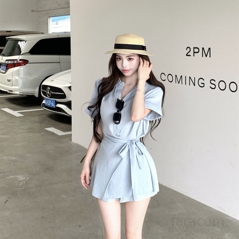 여성 린넨 반팔 카라 셔츠 벨티드 반바지 투피스 세트 여름 데일리룩 휴양지 바캉스 내추럴 루즈핏 캐주얼 썸머 코디룩 봄 여름 - 메인 이미지