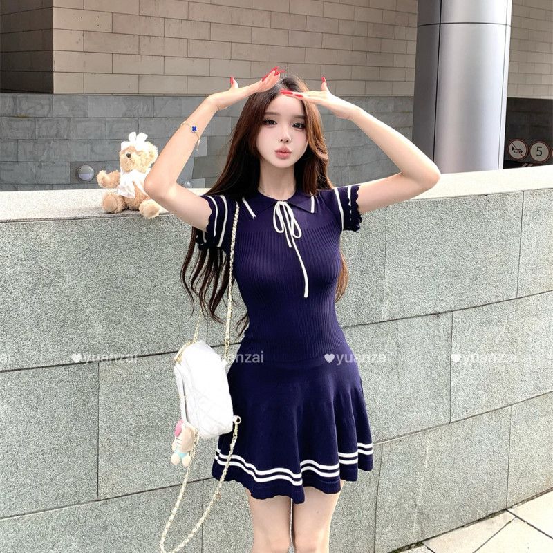여성 세일러카라 슬림핏 니트 미니 원피스 반팔 플레어라인 데이트룩 오피스룩 캐주얼 봄 여름 - 메인 이미지