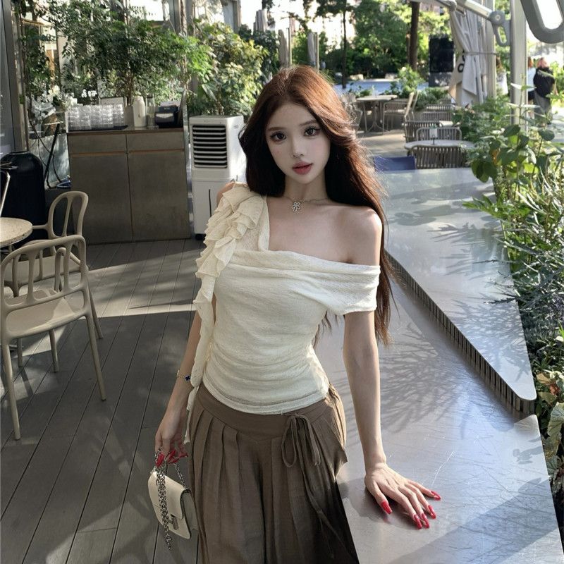 여성 셔링 오프숄더 나시 면 와이드 롱 치마바지 데일리 상하의 봄 여름 캐주얼 트렌디 코디룩 - 상품 이미지