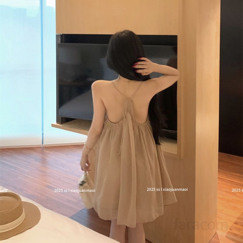 여성 카키 A라인 루즈핏 민소매 슬립 뷔스티에 원피스 주름 바캉스 휴가 비치웨어 데일리 데이트룩 봄 여름 - 상세 이미지 5