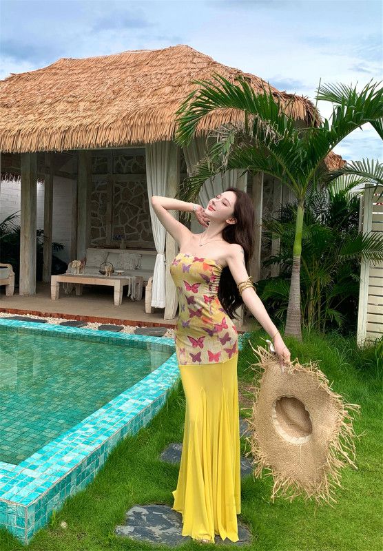 여성 튜브탑 나비패턴 쉬폰 머메이드 롱원피스 언발란스 플레어 바캉스룩 휴양지룩 봄 여름 - 상세 이미지 4