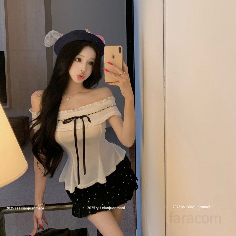 여성 반팔 오프숄더 블라우스 도트 미니 스커트 투피스 코디 봄 여름 데이트룩 바캉스룩 - 상세 이미지 5