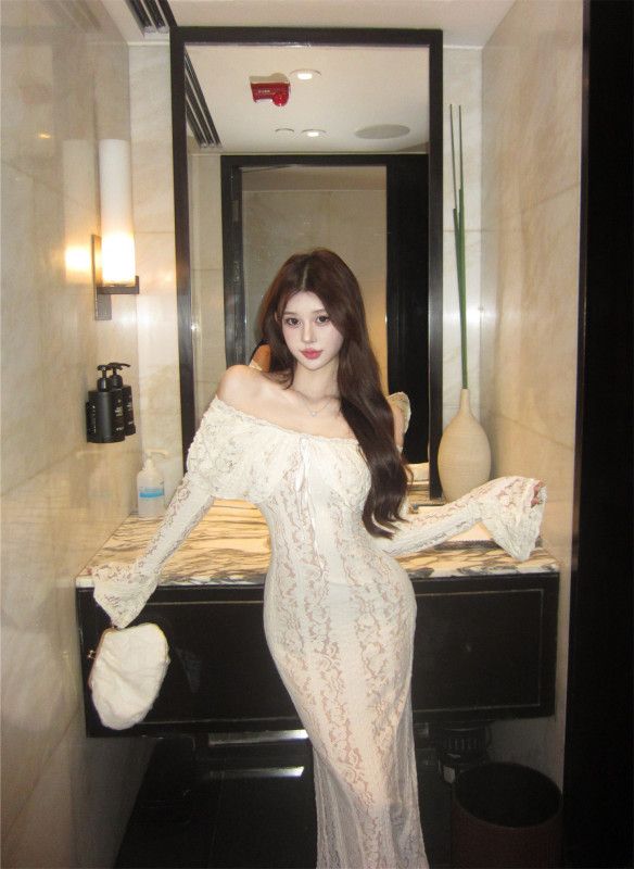 여성 오프숄더 레이스 롱원피스 슬림핏 플레어 벨소매 긴팔 드레스 휴양지룩 바캉스룩 파티룩 우아한 여름 원피스 - 상세 이미지 2