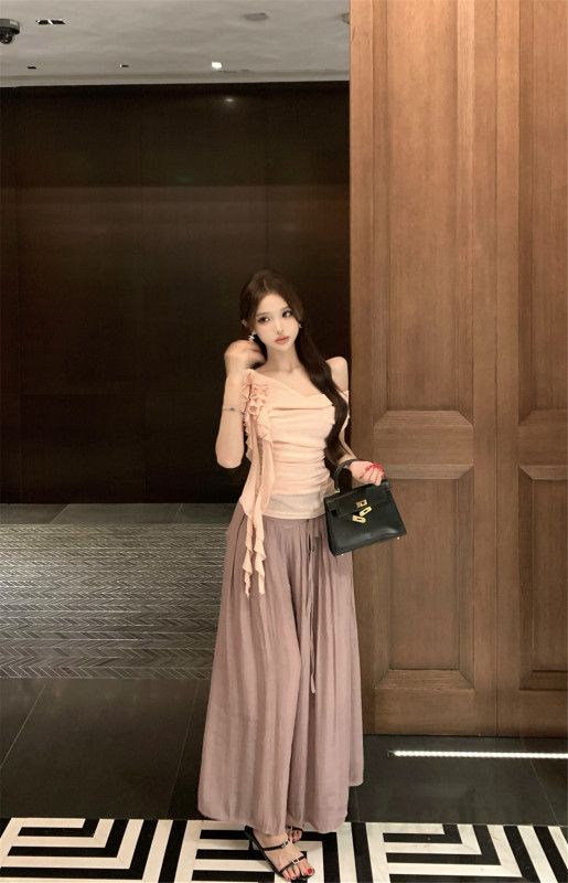 여성 셔링 오프숄더 나시 면 와이드 롱 치마바지 데일리 상하의 봄 여름 캐주얼 트렌디 코디룩 - 상세 이미지 3