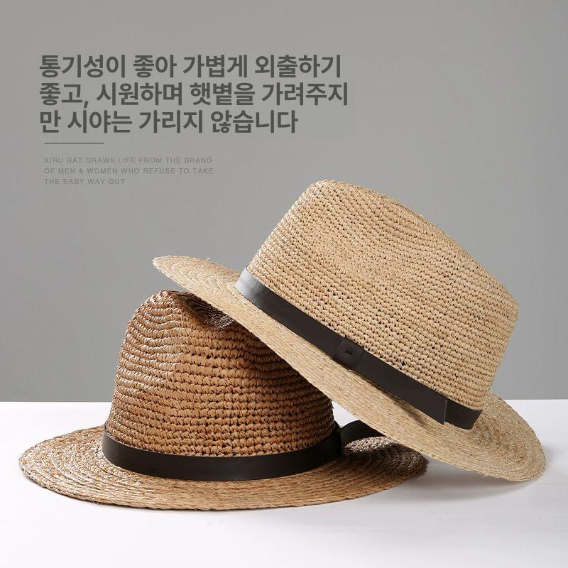 밀짚모자 유럽풍 페도라 중세 휴가모자 연예인스타일 밀짚 허브색 가죽 장식 - 상세 이미지 3