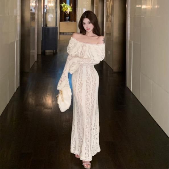 여성 오프숄더 레이스 롱원피스 슬림핏 플레어 벨소매 긴팔 드레스 휴양지룩 바캉스룩 파티룩 우아한 여름 원피스 - 상품 이미지