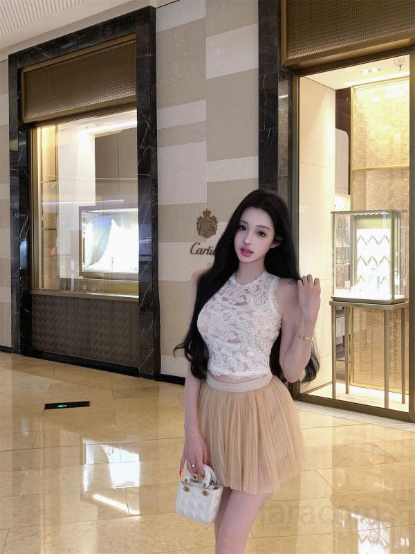 여성 라운드넥 레이스 민소매 크롭 메쉬 캉캉 스커트팬츠 투피스 코디세트 봄 여름 - 상세 이미지 4