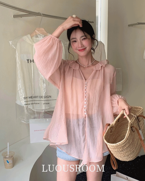 호펜 시스루 긴팔 프릴 하객룩 블라우스 - 상품 이미지
