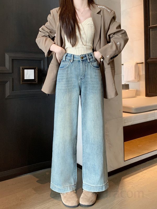 여성 겨울 기모안감 워싱 연청 와이드 데님 팬츠 빈티지 루즈핏 일자 청바지 따뜻한 데일리 캐주얼 코디 롱 와이드진 - 상세 이미지 4