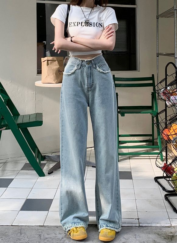 여성 하이웨이스트 워싱 와이드 데님 팬츠 일자핏 루즈핏 청바지 체형커버 롱팬츠 캐주얼 데일리 사계절 - 상세 이미지 2