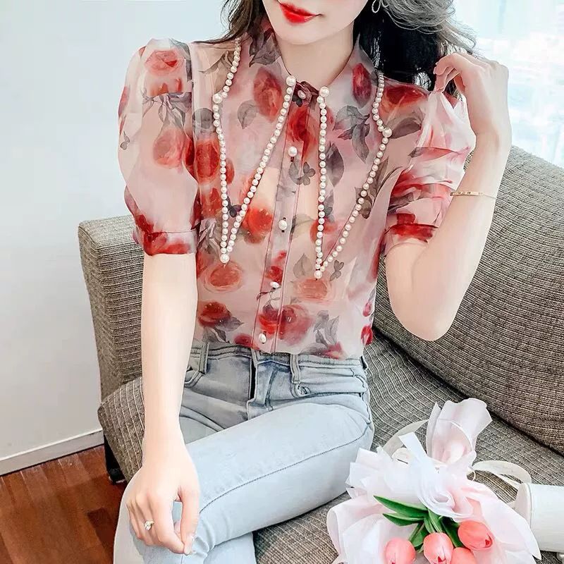 여름 쉬폰블라우스 시스루 브이넥 반팔 프린트 블라우스 그린 - 상세 이미지 5