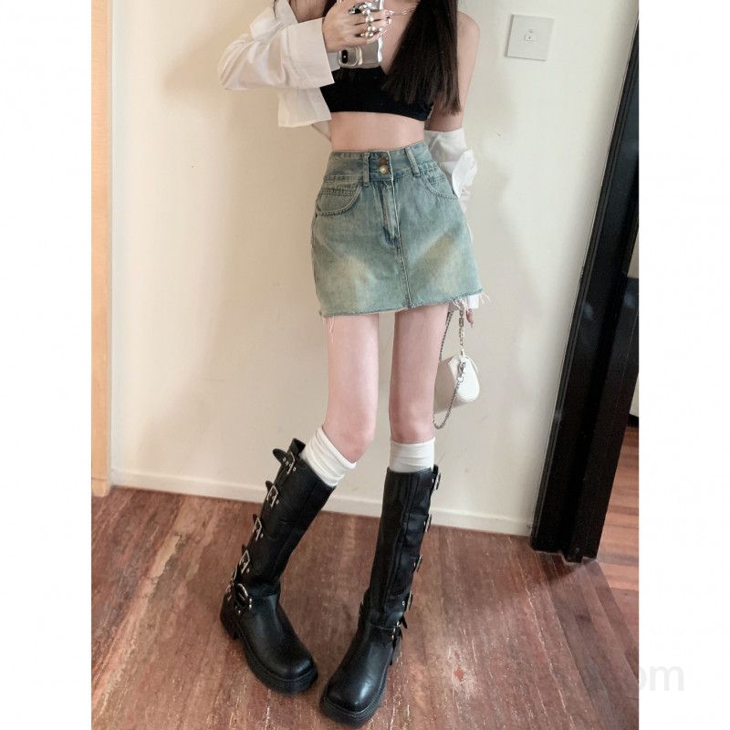 여성 하이웨스트 워싱 데님 A라인 미니 스커트 숏 청치마 컷팅 캐주얼 데일리룩 데이트룩 봄 여름 코디 - 상세 이미지 5