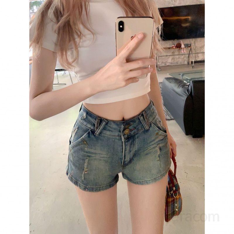 여성 빈티지 워싱 데님 숏팬츠 반바지 하이웨스트 버튼포인트 빅사이즈 힙업 슬림 레그라인 캐주얼 여자청바지 여름 코디 봄 여름 데일리룩 - 상세 이미지 5