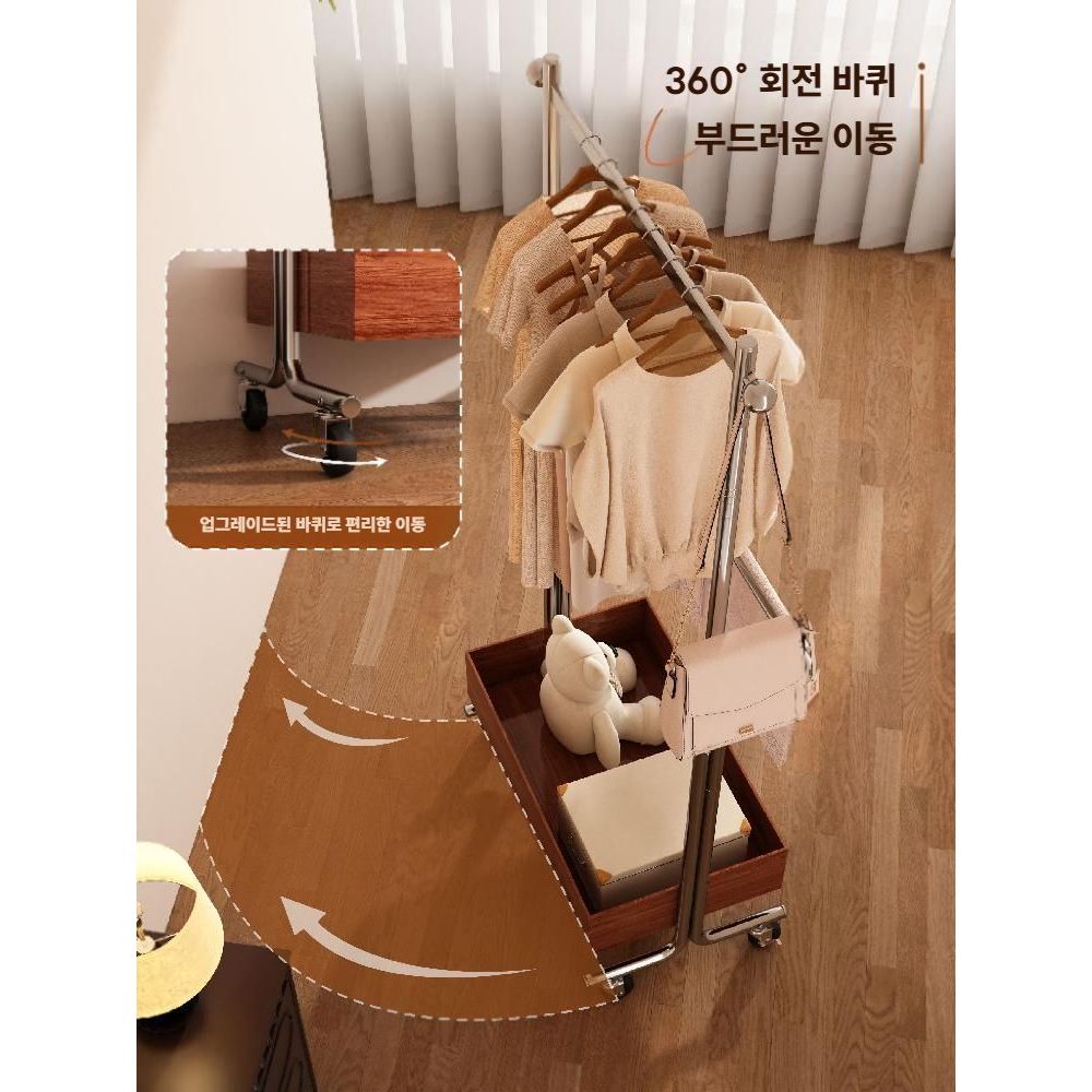 이동식 스탠드행거 사무실 원룸 2단 옷걸이 선반 실버프레임 60cm / 월넛 가죽바구니 - 상세 이미지 2