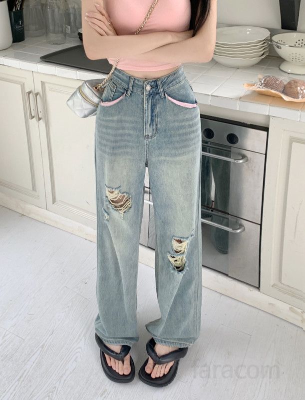 여성 와이드 루즈핏 찢어진 빈티지 워싱 데님 롱팬츠 청바지 데일리 스트릿 캐주얼 봄 가을 - 상세 이미지 4