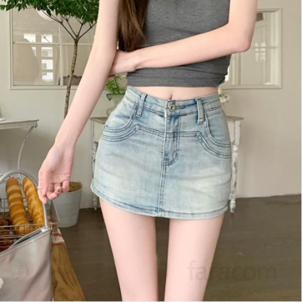 여성 하이웨이스트 워싱 데님 미니 스커트 A라인 숏 청치마 바지 데일리 캐주얼 봄 여름 - 상품 이미지