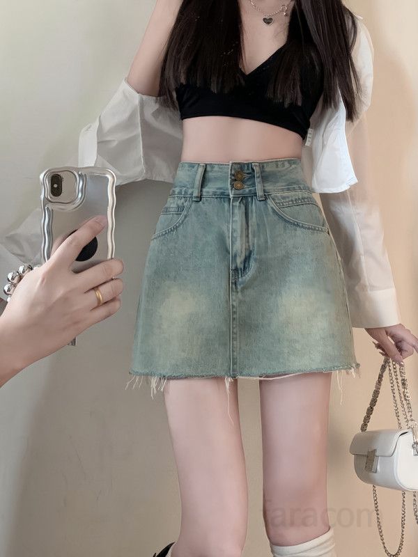 여성 하이웨스트 워싱 데님 A라인 미니 스커트 숏 청치마 컷팅 캐주얼 데일리룩 데이트룩 봄 여름 코디 - 상세 이미지 3